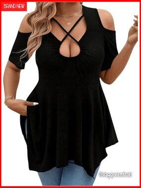Plus Size Cold Shoulder Peplum T Shirt Criss Cross Asymmetrical Going Out Top